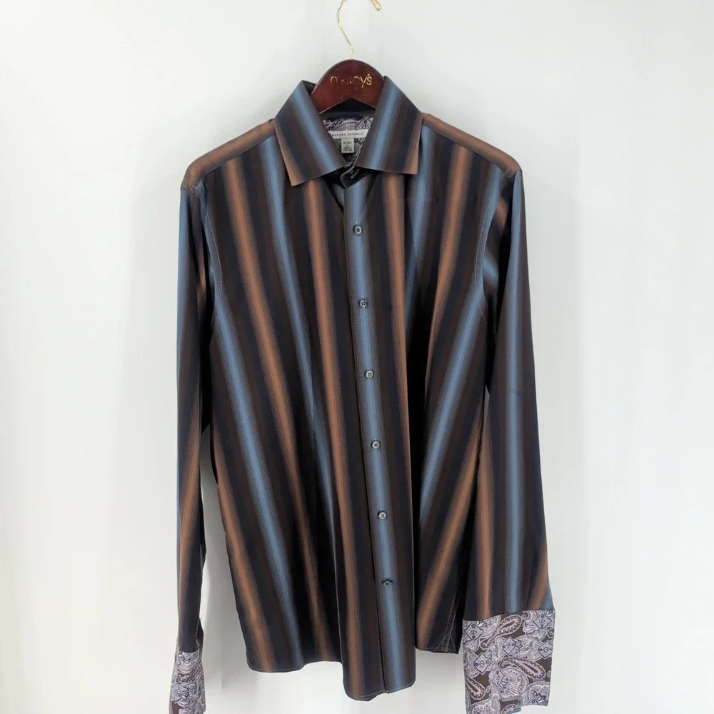 Vtg Banana Republic‎ Striped Long Sleeve Button Up Dress Shirt Multicolor Size L